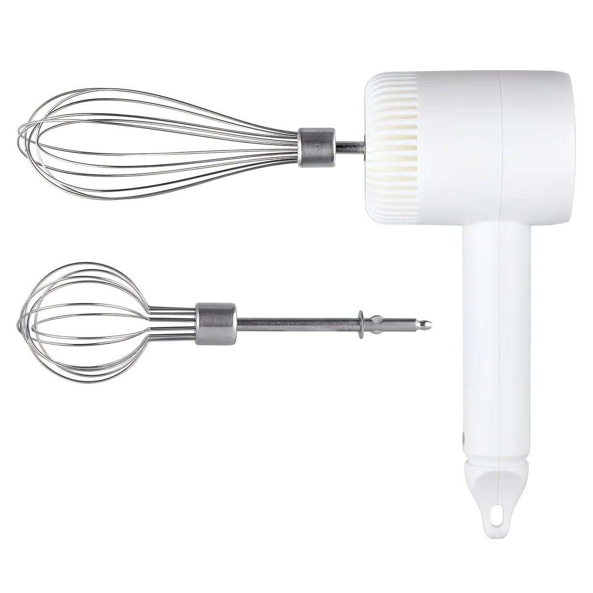 White Wireless charging handheld mixer, 30W with three-speed settings. Dual whisk heads designed for whipping eggs, cream, and batter. Suitable for both kitchen and outdoor use, also an ideal gift.