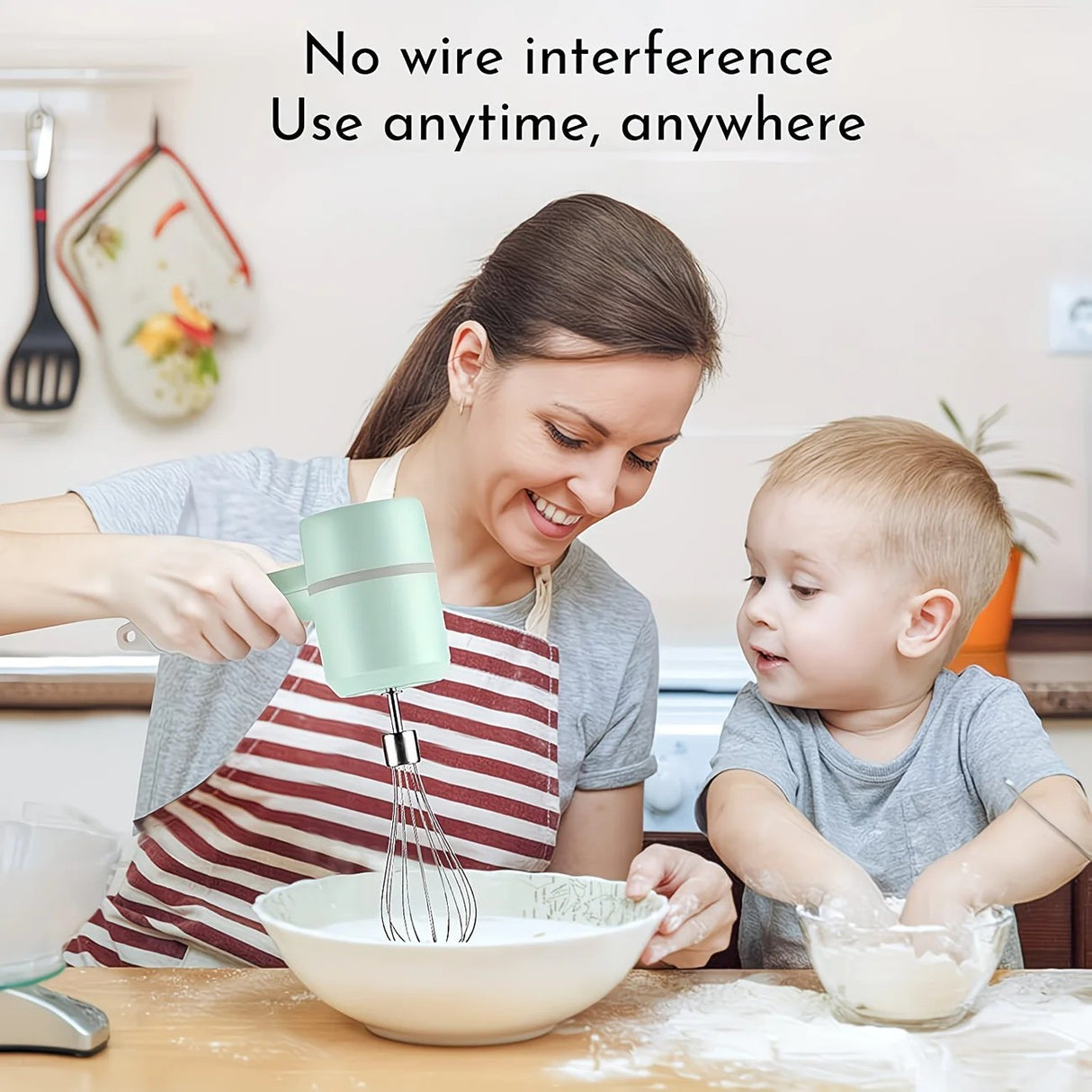 White Wireless charging handheld mixer, 30W with three-speed settings. Dual whisk heads designed for whipping eggs, cream, and batter. Suitable for both kitchen and outdoor use, also an ideal gift.