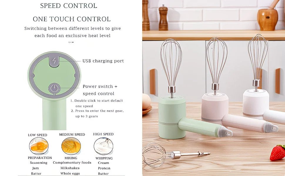 White Wireless charging handheld mixer, 30W with three-speed settings. Dual whisk heads designed for whipping eggs, cream, and batter. Suitable for both kitchen and outdoor use, also an ideal gift.