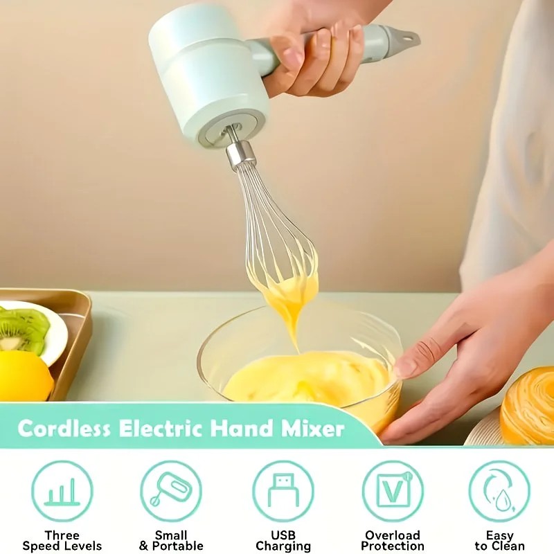 White Wireless charging handheld mixer, 30W with three-speed settings. Dual whisk heads designed for whipping eggs, cream, and batter. Suitable for both kitchen and outdoor use, also an ideal gift.