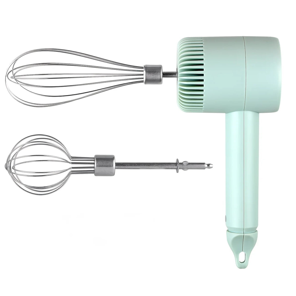 White Wireless charging handheld mixer, 30W with three-speed settings. Dual whisk heads designed for whipping eggs, cream, and batter. Suitable for both kitchen and outdoor use, also an ideal gift.