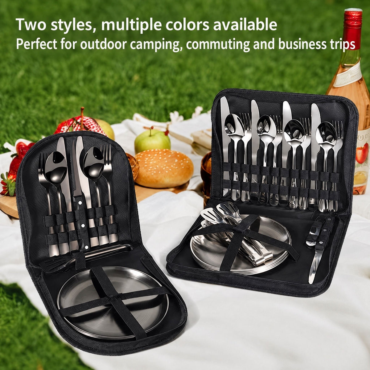 【20-Piece】Outdoor Portable Stainless Steel Cutlery Set, food-grade material, includes knife, fork, spoon, plate, tongs & opener. Comes with carry bag, essential for camping, commuting & dining.(silver)