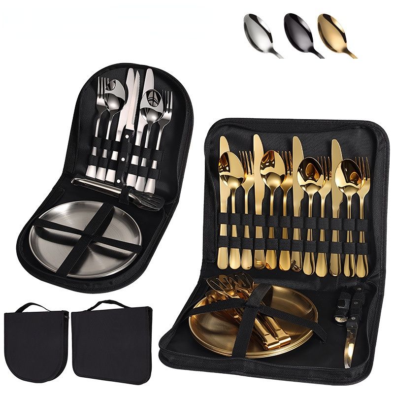 【20-Piece】Outdoor Portable Stainless Steel Cutlery Set, food-grade material, includes knife, fork, spoon, plate, tongs & opener. Comes with carry bag, essential for camping, commuting & dining.(silver)