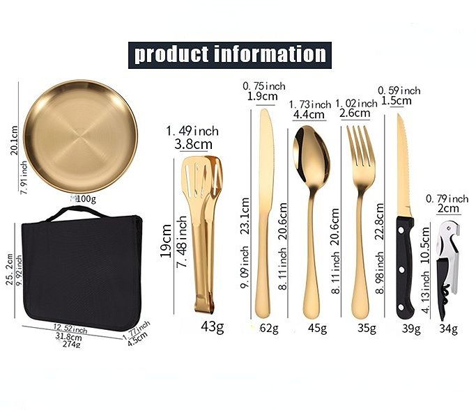 【20-Piece】Outdoor Portable Stainless Steel Cutlery Set, food-grade material, includes knife, fork, spoon, plate, tongs & opener. Comes with carry bag, essential for camping, commuting & dining.(silver)