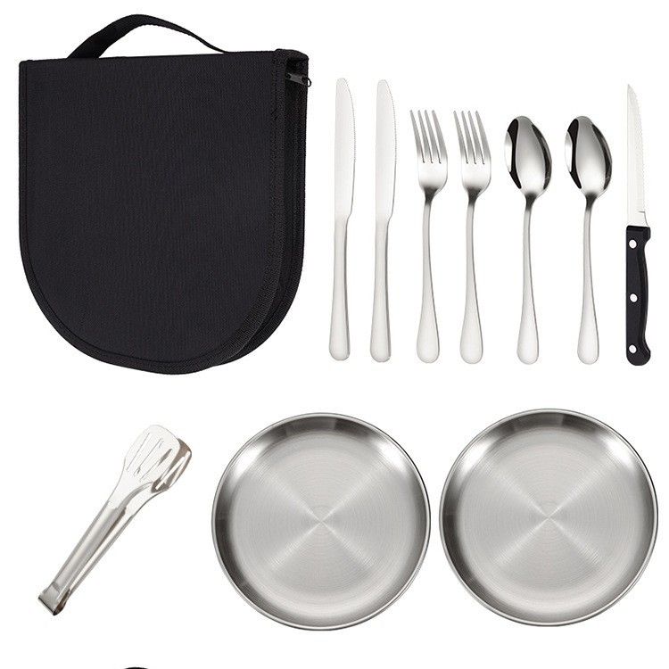 【20-Piece】Outdoor Portable Stainless Steel Cutlery Set, food-grade material, includes knife, fork, spoon, plate, tongs & opener. Comes with carry bag, essential for camping, commuting & dining.(silver)