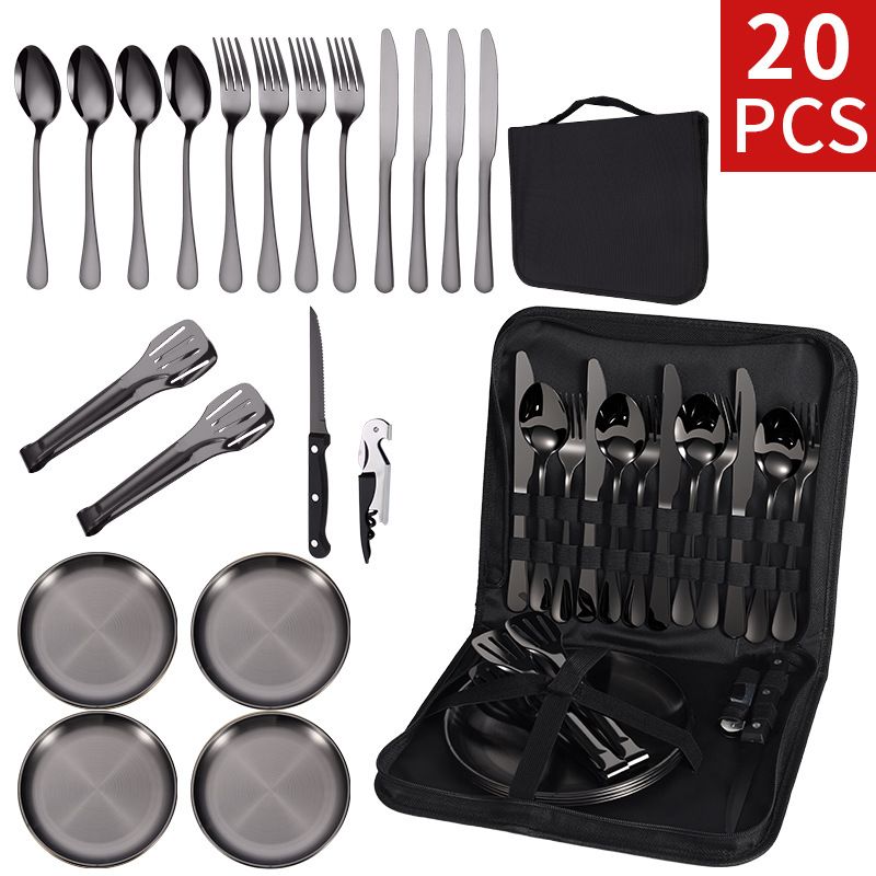 【20-Piece】Outdoor Portable Stainless Steel Cutlery Set, food-grade material, includes knife, fork, spoon, plate, tongs & opener. Comes with carry bag, essential for camping, commuting & dining.(silver)