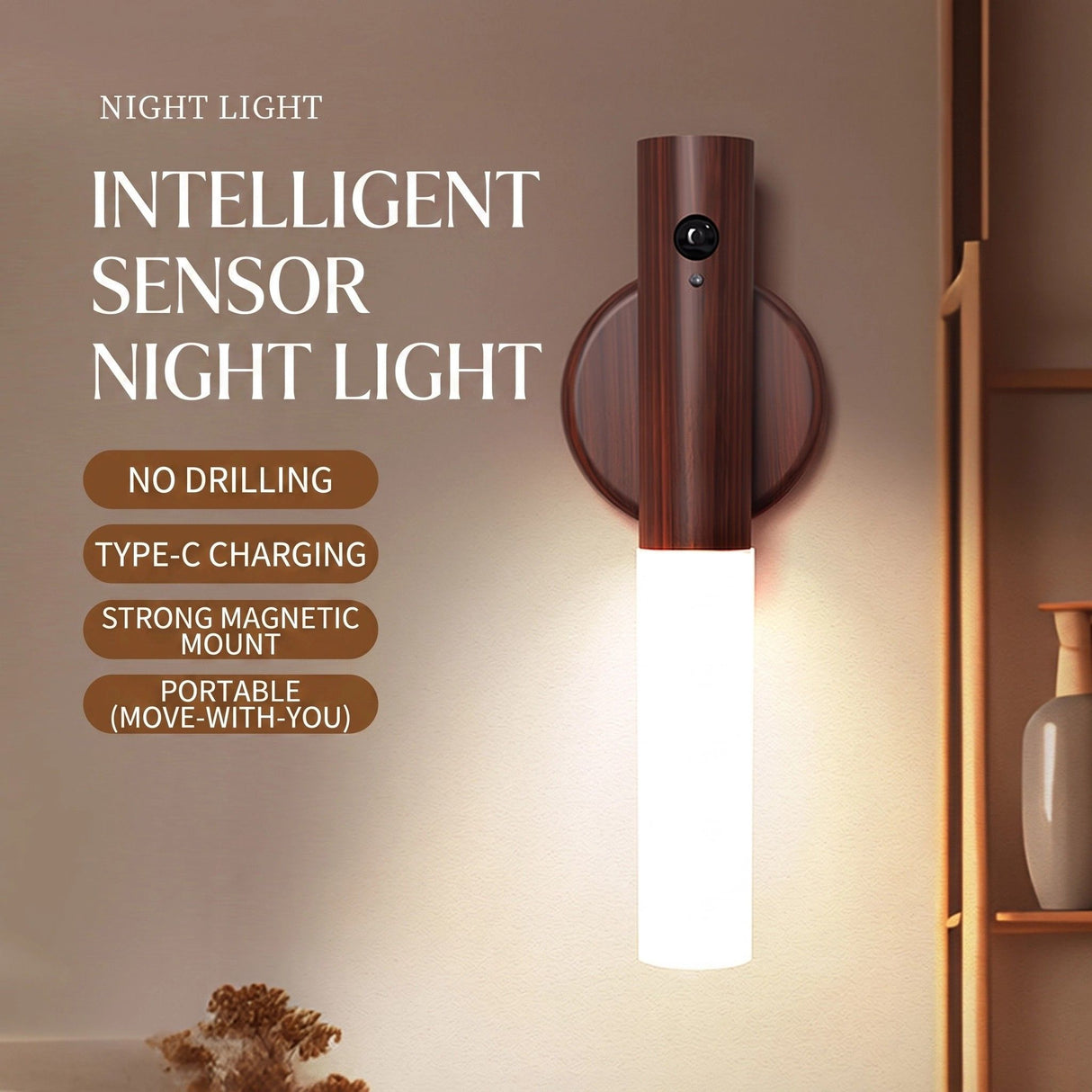 1-Pack USB Rechargeable Magnetic LED Night Light – Motion Sensor Wall Light for Bedroom, Kitchen & Bathroom/Ash wood color