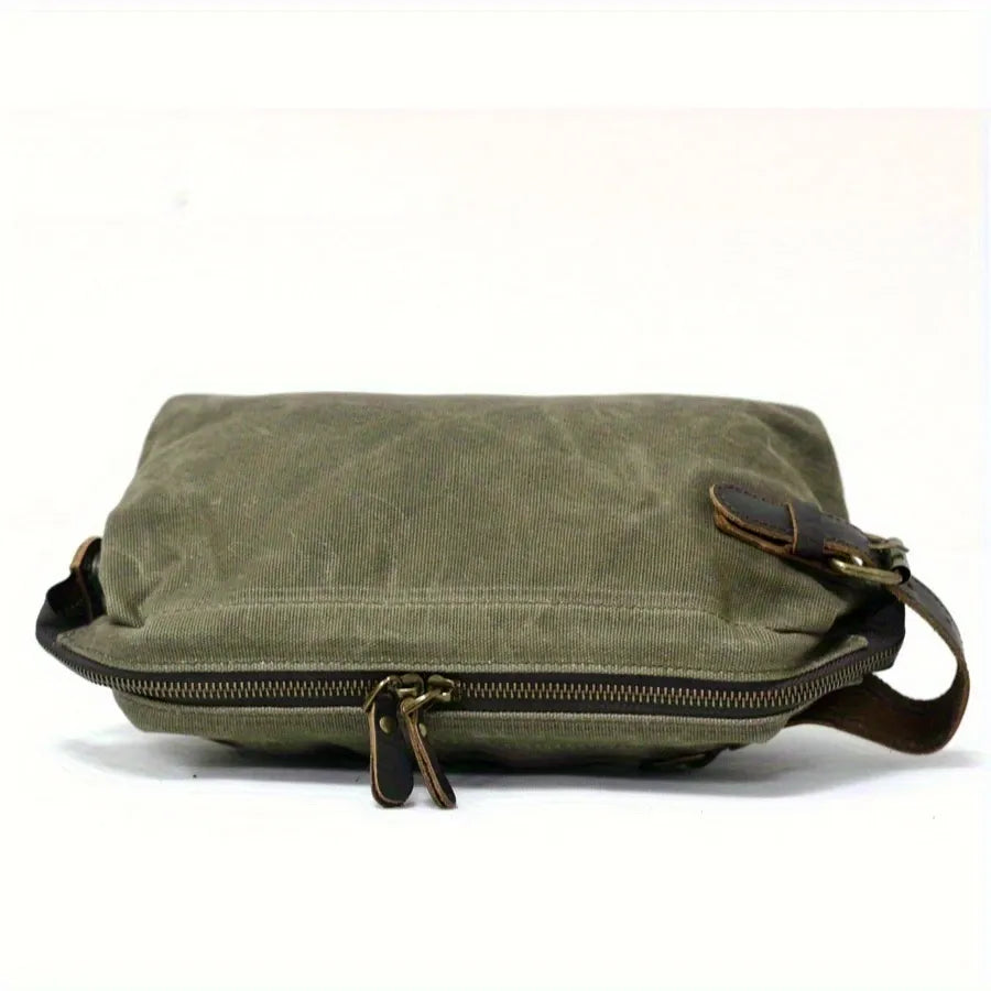 Vintage Waxed Canvas & Cowhide Cylinder Bag, Dopp Kit with Dual Zippers, Commute Travel Crossbody(Dark grey)
