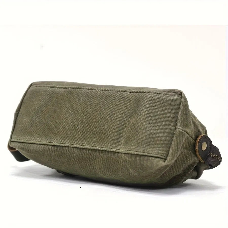 Vintage Waxed Canvas & Cowhide Cylinder Bag, Dopp Kit with Dual Zippers, Commute Travel Crossbody(Dark grey)