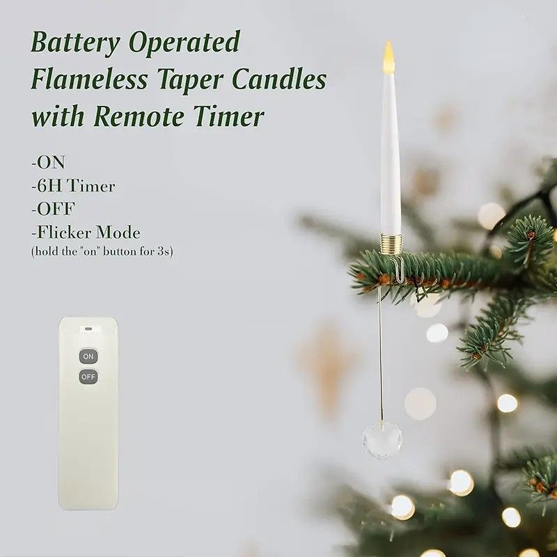 6-Pack Flameless Tapered LED Christmas Candles, Remote Control Timer Crystal Hook Decoration