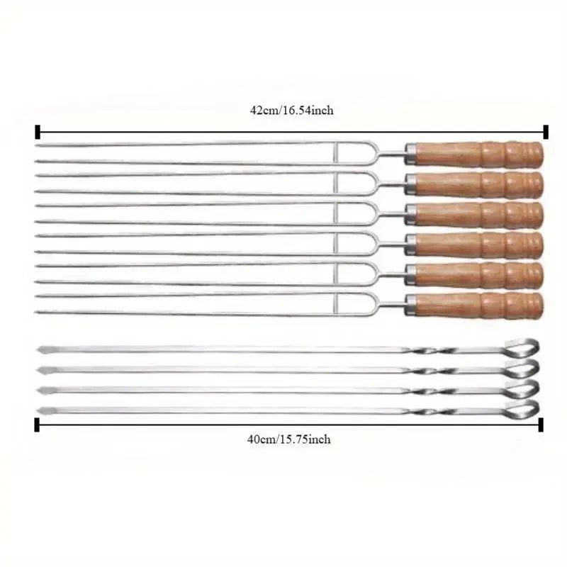 Upgraded Stainless Steel BBQ Skewers Set with Thickened Heat-Resistant Beech Wood Handles, U-Shaped & Spiral Dual Styles for Anti-Slip Meat-Locking, Comes with Oxford Bag for Portable Storage, Essential for Outdoor Grilling & Camping.