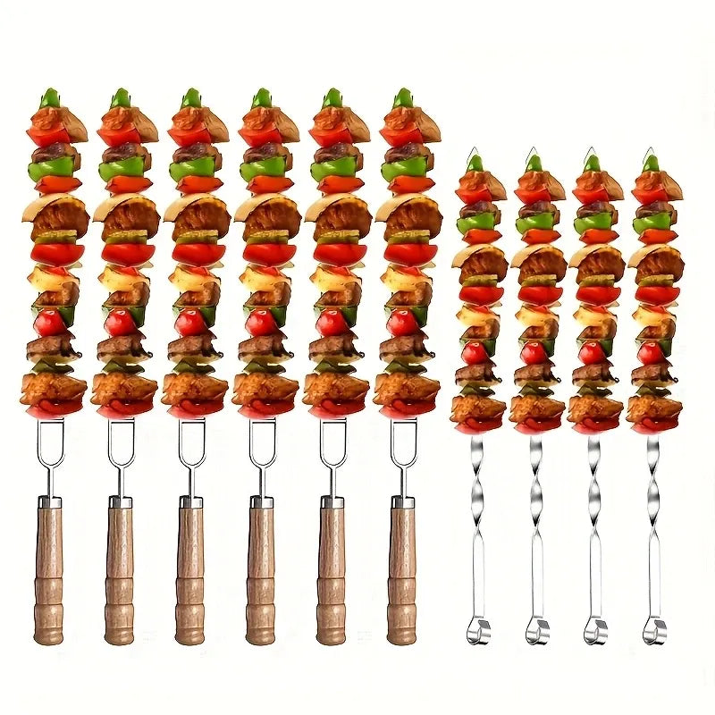 Upgraded Stainless Steel BBQ Skewers Set with Thickened Heat-Resistant Beech Wood Handles, U-Shaped & Spiral Dual Styles for Anti-Slip Meat-Locking, Comes with Oxford Bag for Portable Storage, Essential for Outdoor Grilling & Camping.