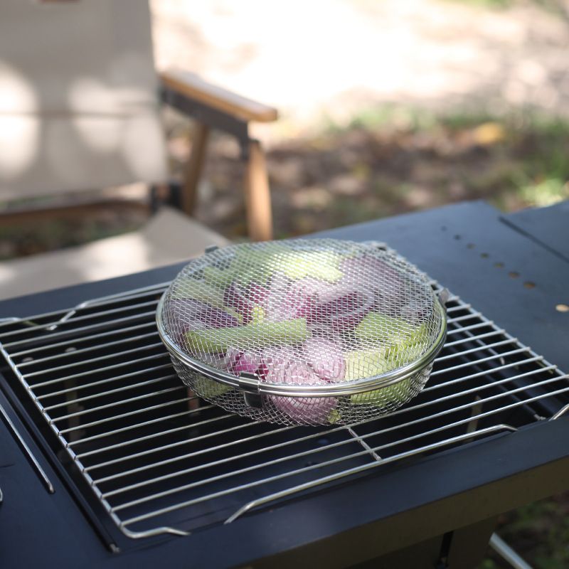Stainless Steel Round BBQ Basket, Portable Outdoor Grill Grate, Lock-in Freshness, Single/Double-sided Grilling, Camping Picnic BBQ Tool