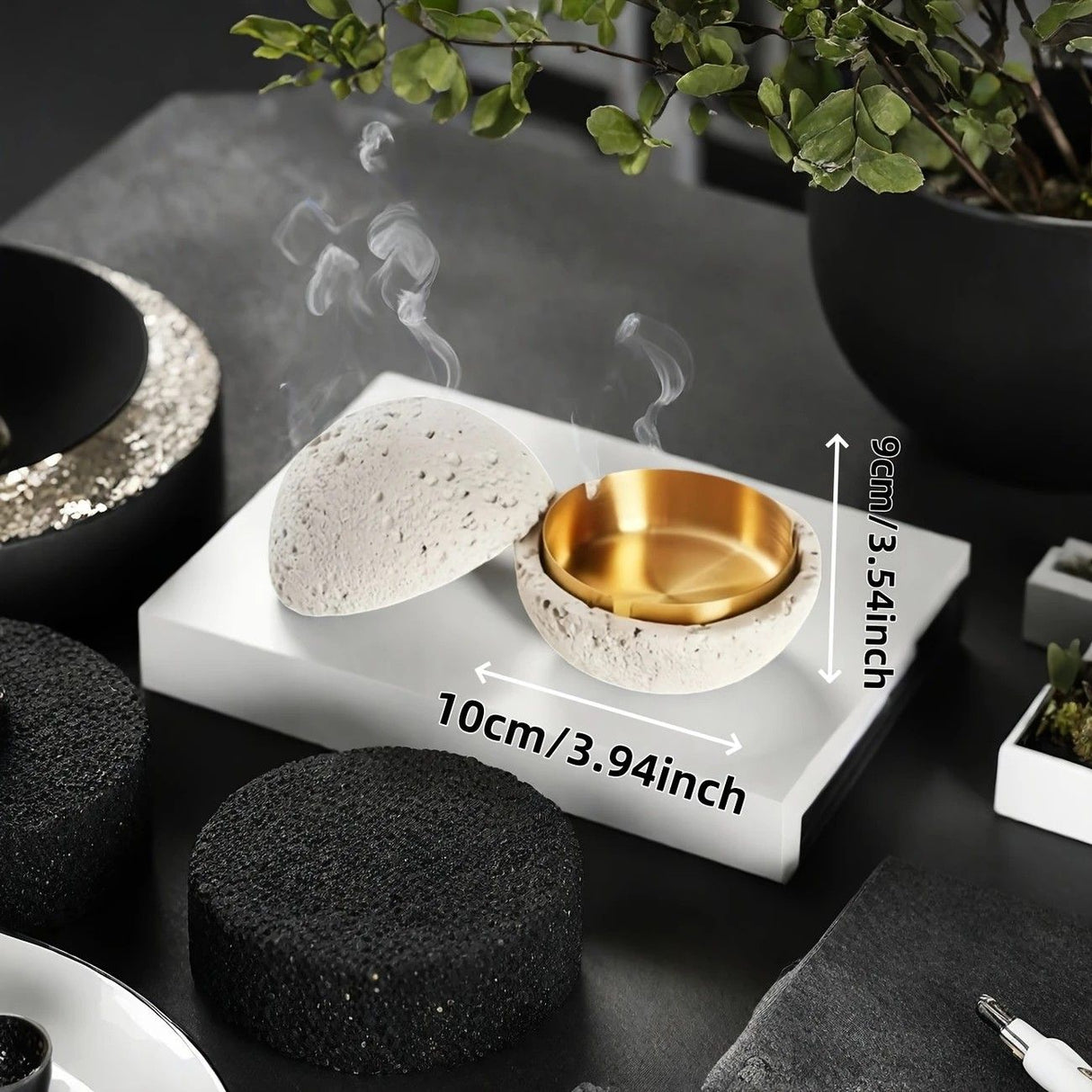 Nordic industrial style concrete ashtray, handcrafted with natural texture, detachable stainless steel bowl with anti-ash lid — easy to clean, durable, suitable for living rooms, bars, offices, ideal gift for Father’s Day, Christmas, housewarming.(BLACK)