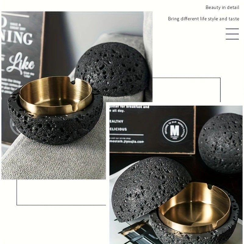 Nordic industrial style concrete ashtray, handcrafted with natural texture, detachable stainless steel bowl with anti-ash lid — easy to clean, durable, suitable for living rooms, bars, offices, ideal gift for Father’s Day, Christmas, housewarming.(BLACK)
