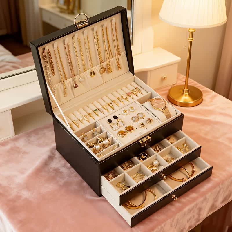 BLACK Multi - layer Jewelry Storage Box: Velvet Lining, Three - layer Zoning, Double - drawer Storage for Accessories