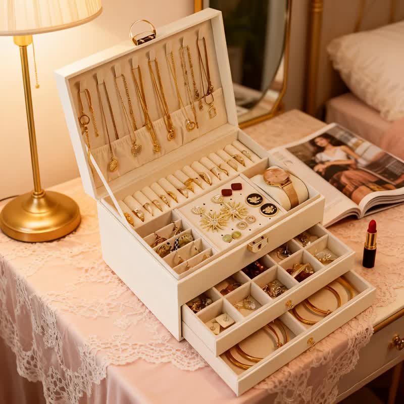 White Multi - layer Jewelry Storage Box: Velvet Lining, Three - layer Zoning, Double - drawer Storage for Accessories