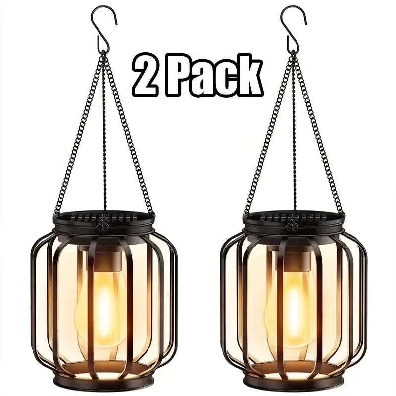 Outdoor Solar Retro Metal Hanging Lantern 2-Pack, Warm Filament, IP44 Waterproof, Garden Patio Decor Light