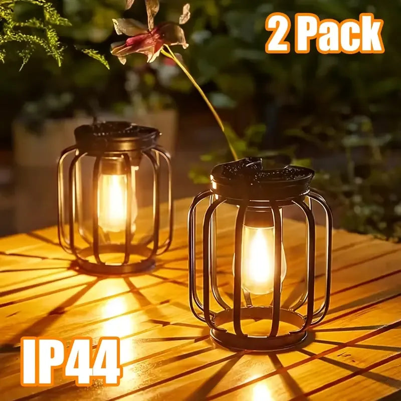 Outdoor Solar Retro Metal Hanging Lantern 2-Pack, Warm Filament, IP44 Waterproof, Garden Patio Decor Light