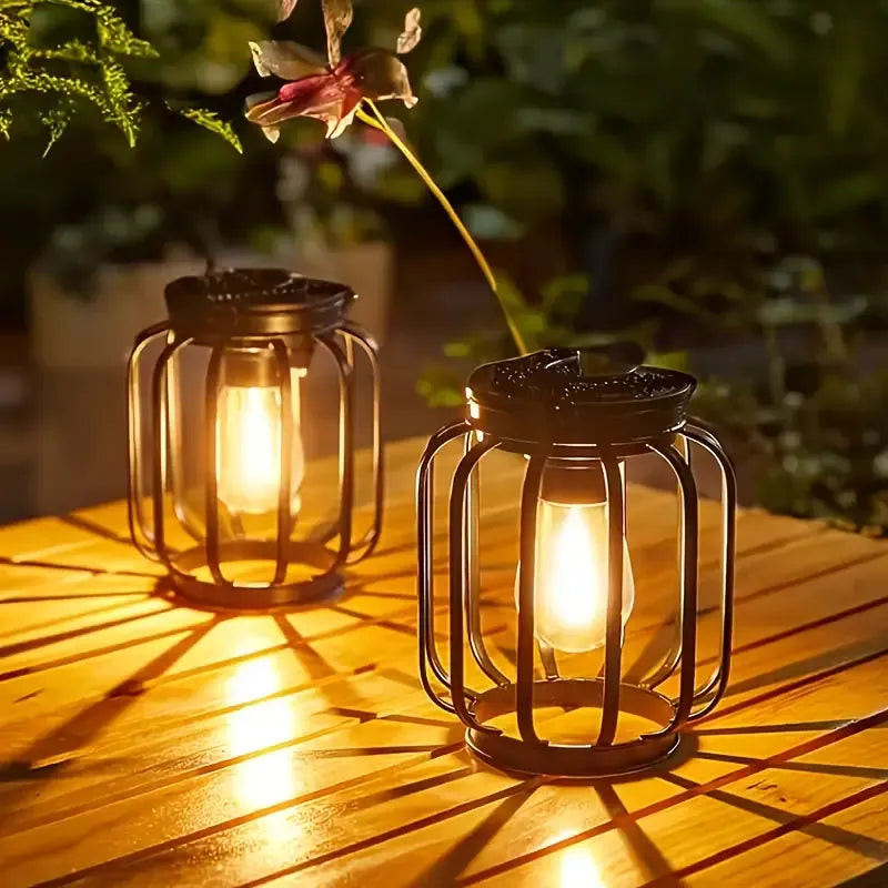 Outdoor Solar Retro Metal Hanging Lantern 2-Pack, Warm Filament, IP44 Waterproof, Garden Patio Decor Light