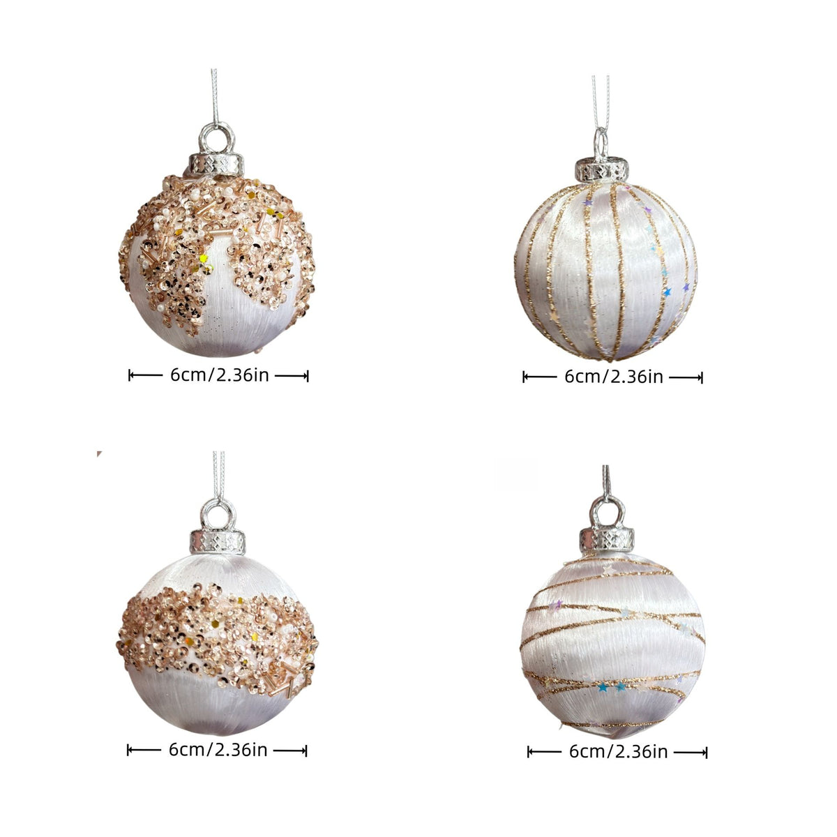 16-Piece Champagne White Hand-Painted Christmas Ornaments: 6cm lightweight plastic, shatterproof and durable, hand-painted with gold threads and glitter in 4 elegant designs, versatile and refined, perfect for decorating Christmas trees and home ambiance.