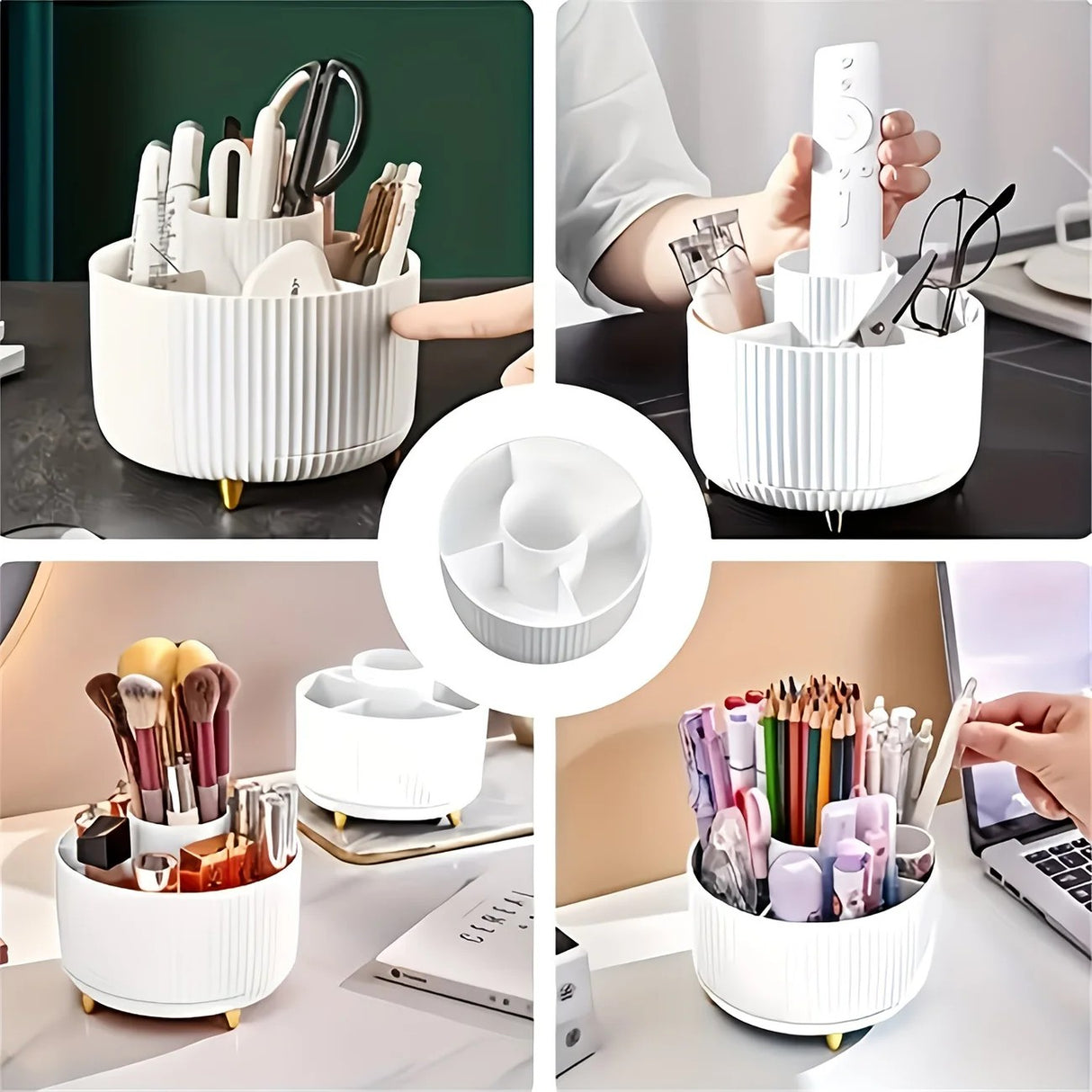 Black 360-Degree Rotating Cosmetic Organizer – 1 Plastic Makeup Storage Box with 5 Compartments – Multi-Purpose Holder for Brushes, Lipsticks, Skincare Products, and Stationery – Durable Odor-Free Desktop Storage Container with Luxurious Stripe Design