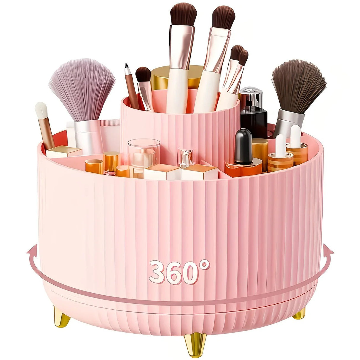 Black 360-Degree Rotating Cosmetic Organizer – 1 Plastic Makeup Storage Box with 5 Compartments – Multi-Purpose Holder for Brushes, Lipsticks, Skincare Products, and Stationery – Durable Odor-Free Desktop Storage Container with Luxurious Stripe Design
