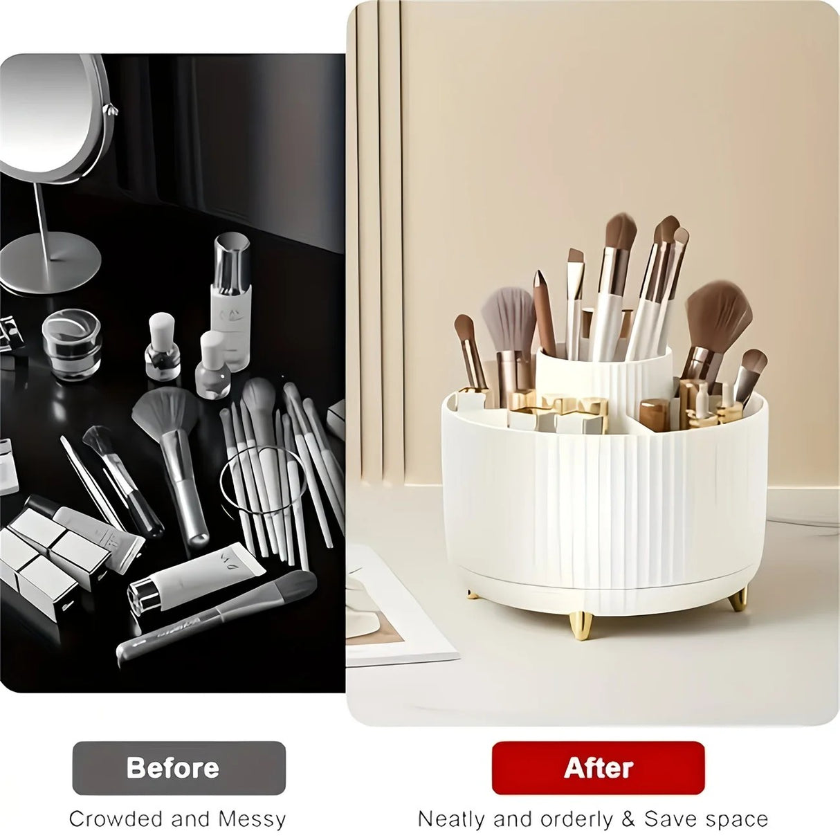 Green 360-Degree Rotating Cosmetic Organizer – 1 Plastic Makeup Storage Box with 5 Compartments – Multi-Purpose Holder for Brushes, Lipsticks, Skincare Products, and Stationery – Durable Odor-Free Desktop Storage Container with Luxurious Stripe Design