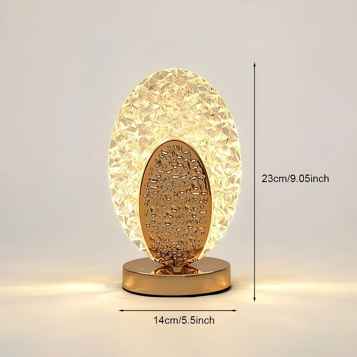 Rechargeable acrylic crystal desk lamp with 3 color temperatures touch control, USB charging for portability, and stepless brightness adjustment. Diamond-cut design serves as both an ambient light and an art piece./Peacock feather