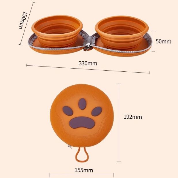 Bear Paw Foldable Pet Bowl: Heat-Resistant Silicone / Dual Bowls for Food & Water Separation / Explosion-Proof Zipper Storage Bag, Lightweight & Portable, Essential for Pet Eating & Drinking on Camping & Walks!(brown)