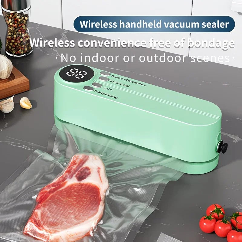 beige.USB Rechargeable Portable Vacuum Sealer, includes sealing bags and a rapid vacuum pump. Space-saving design, suitable for vacuum packing snacks, meat, fruits, and vegetables for food preservation.