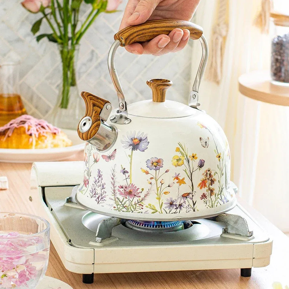 Flower Pattern Whistling Kettle, Vintage Stove Top Tea Pot With Anti Hot Handle for Gas Hob and Induction Stoves, 3 L