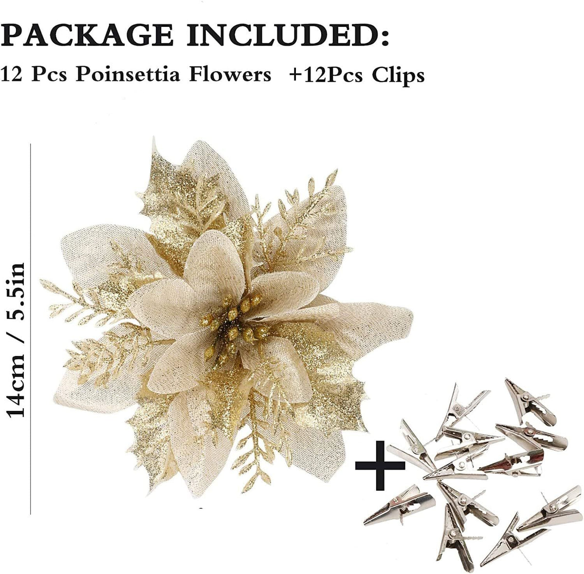 12pcs Christmas Glitter Poinsettia Flowers, Gold Artificial Xmas Flowers for Christmas Tree Ornaments Home Decoration