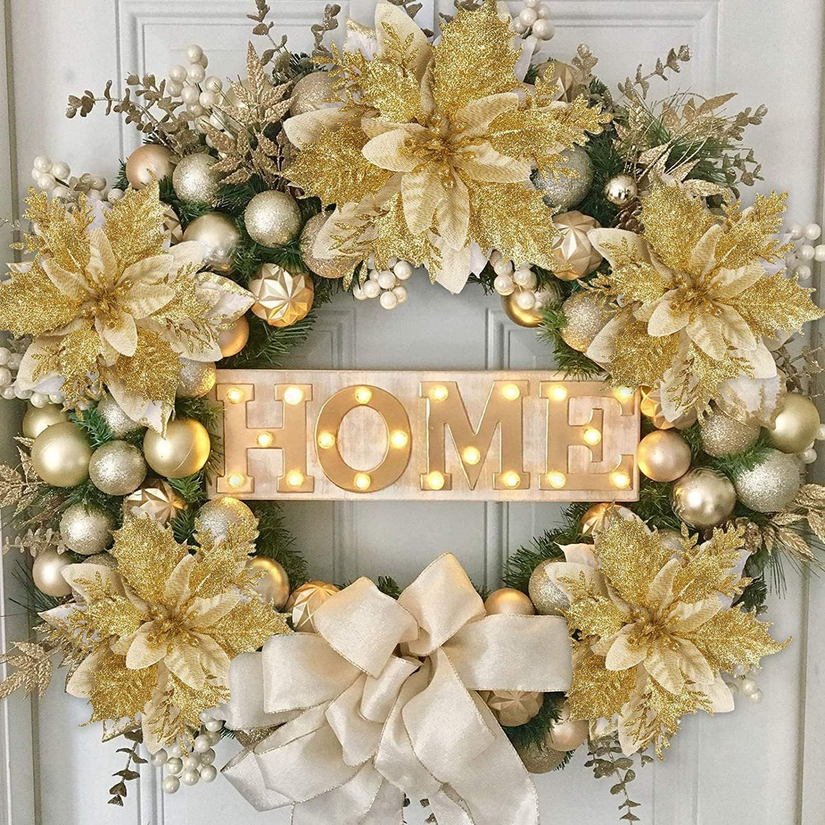 12pcs Christmas Glitter Poinsettia Flowers, Gold Artificial Xmas Flowers for Christmas Tree Ornaments Home Decoration