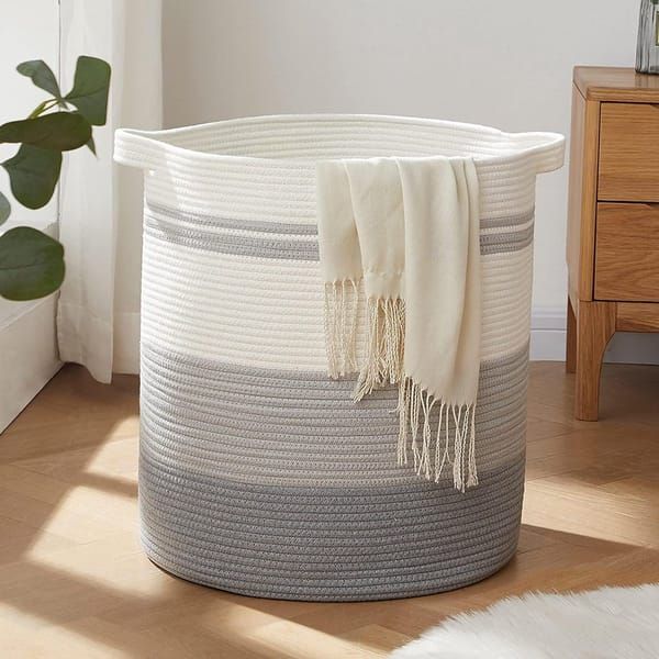 Woven Storage Basket with Handles, Gradient Grey Cotton Rope Laundry Basket, Decorative Organizer Bin for Toys, Pillows, Blankets & Clothes, 45 x 50cm