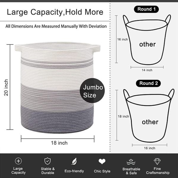 Woven Storage Basket with Handles, Gradient Grey Cotton Rope Laundry Basket, Decorative Organizer Bin for Toys, Pillows, Blankets & Clothes, 45 x 50cm