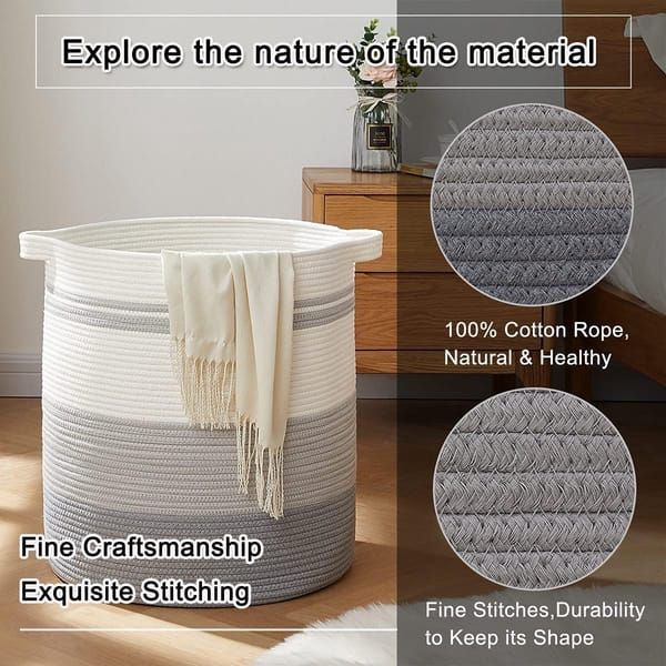 Woven Storage Basket with Handles, Gradient Grey Cotton Rope Laundry Basket, Decorative Organizer Bin for Toys, Pillows, Blankets & Clothes, 45 x 50cm