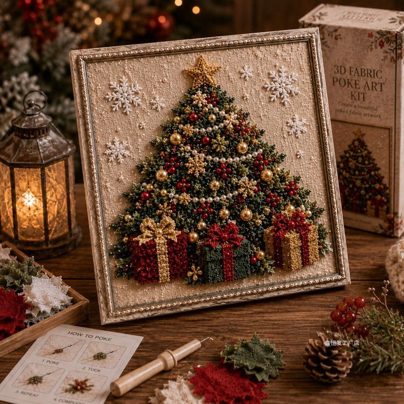 Christmas Tree Gift 3D Fabric Poke Art Kit, 20 x 20cm No Sew DIY Handcraft Set, Pre-Cut Fabric & Punch Tools Included, Xmas Decor & Gift Making Activity