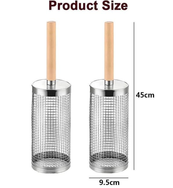 Rolling Grilling Basket 2 Pack, 304 Stainless Steel BBQ Grill Basket with Detachable Wooden Handle for Vegetables & Shrimp, 35 x 9.5 cm