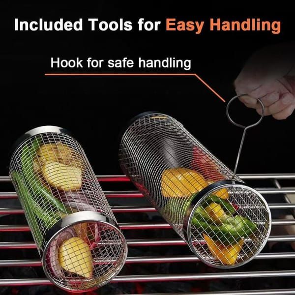 Rolling Grilling Basket 2 Pack, 304 Stainless Steel BBQ Grill Basket with Detachable Wooden Handle for Vegetables & Shrimp, 35 x 9.5 cm