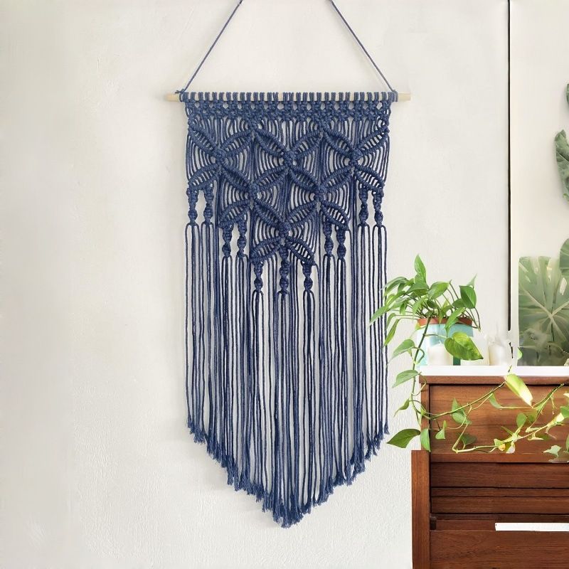 Navy Blue Large Macrame Wall Hanging, Boho Woven Tapestry Wall Art, 40 x 70 cm Bohemian Wall Decor for Living Room & Bedroom