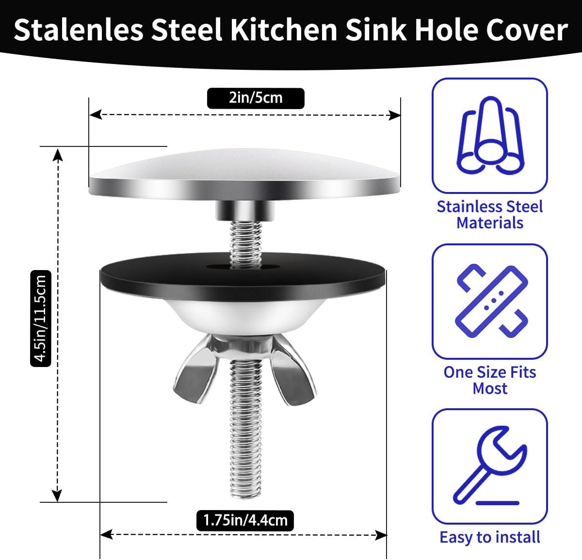 2 Inch Kitchen Sink Hole Covers, Faucet Hole Cover Stainless Steel Wash Basin Kitchen Sink Tap Hole Plate Stopper, Sealed Decoration Hole Cover (Silver)
