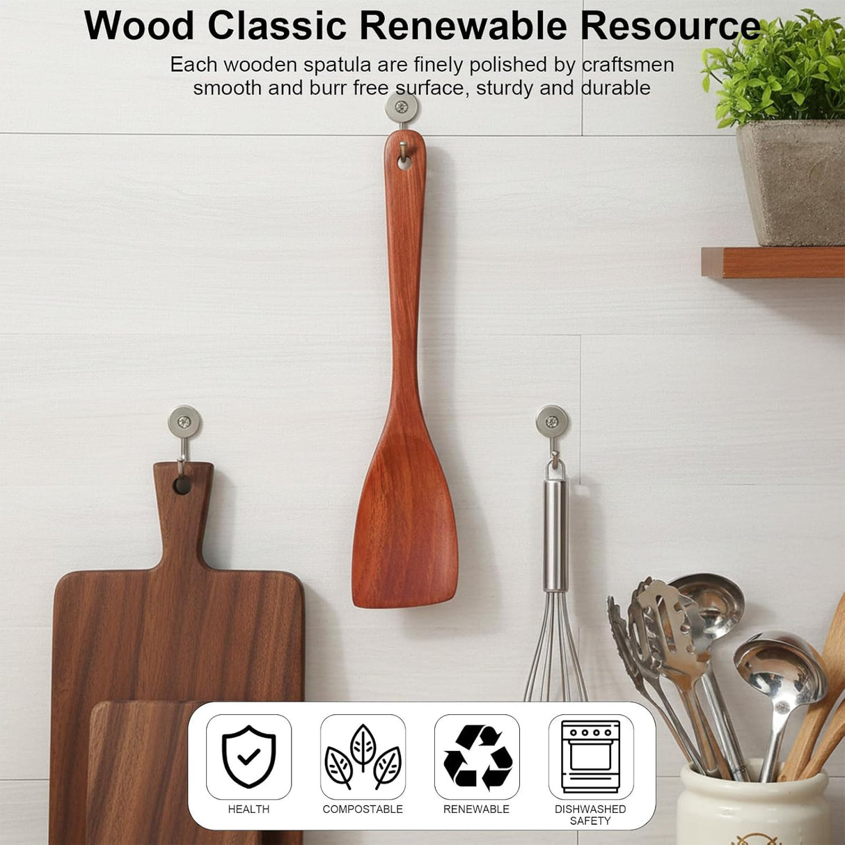 2 Pcs Wooden Spatula for Cooking, 12.2 Inch Long Handle Wood Flat Frying Cooking Spatulas, Wooden Kitchen Spatula Scraper Utensils, Right Hand Woods Turner for Nonstick Pans Cook Frying Baking