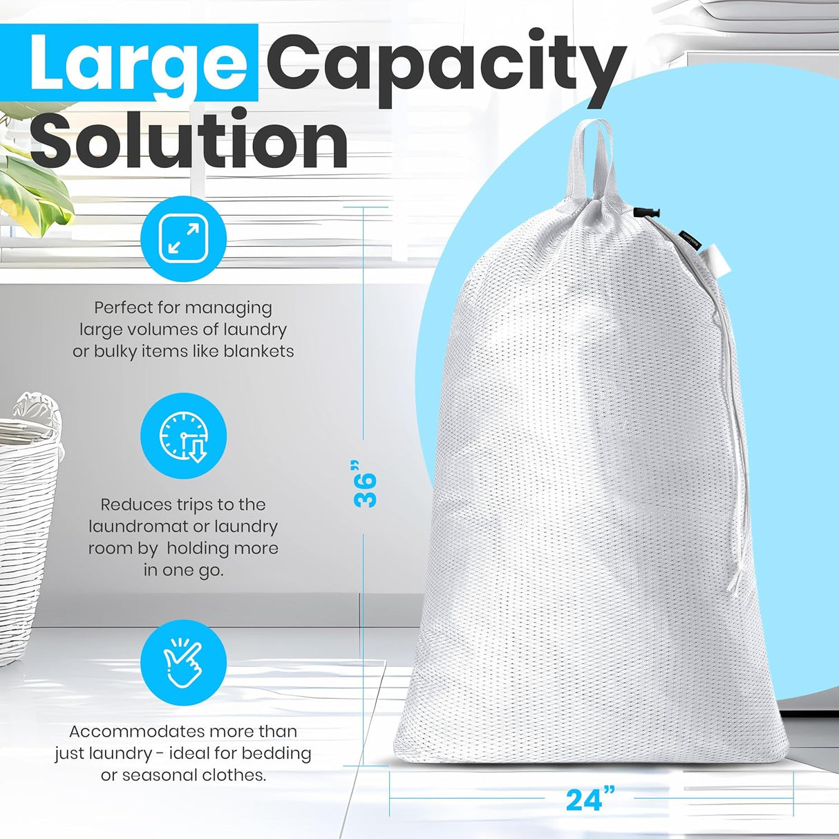 Extra Large Mesh Laundry Bags 2-Pack – Heavy Duty, Machine Washable Laundry Bag with Handles & Shoulder Strap, Odor Resistant, for College Dorm, Travel, Bedding & Clothes Storage, White
