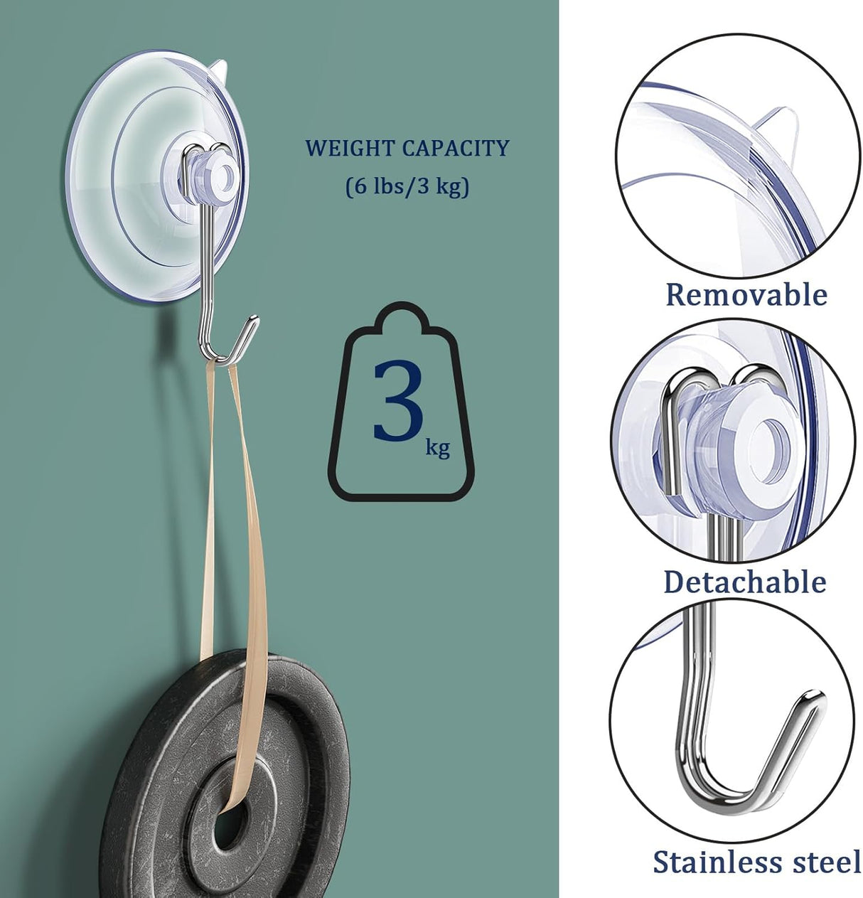 Suction Cup Hooks,6 PCS Clear Suction Cup for Glass Window Decor Shower Bathroom Glass Window Shower Kitchen, Reusable PVC Cups with Removable Stainless Hooks, Assorted (6)