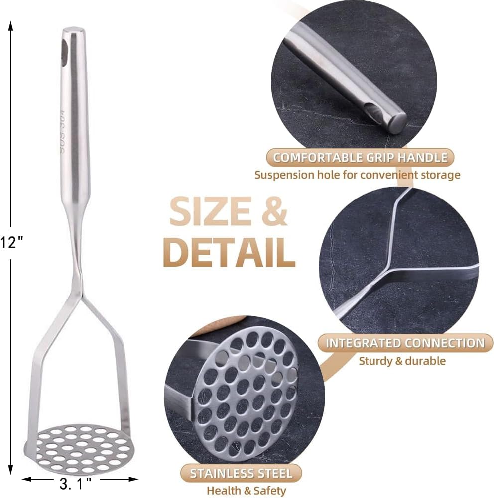 Potato Masher Stainless Steel,Mashed Potatoes Masher Kitchen Tool, Handle Potato Smasher for Potatoes,Avocado, Vegetables, Meat,12Inch Heavy Duty Metal Mashing Utensil, Dishwasher Safe