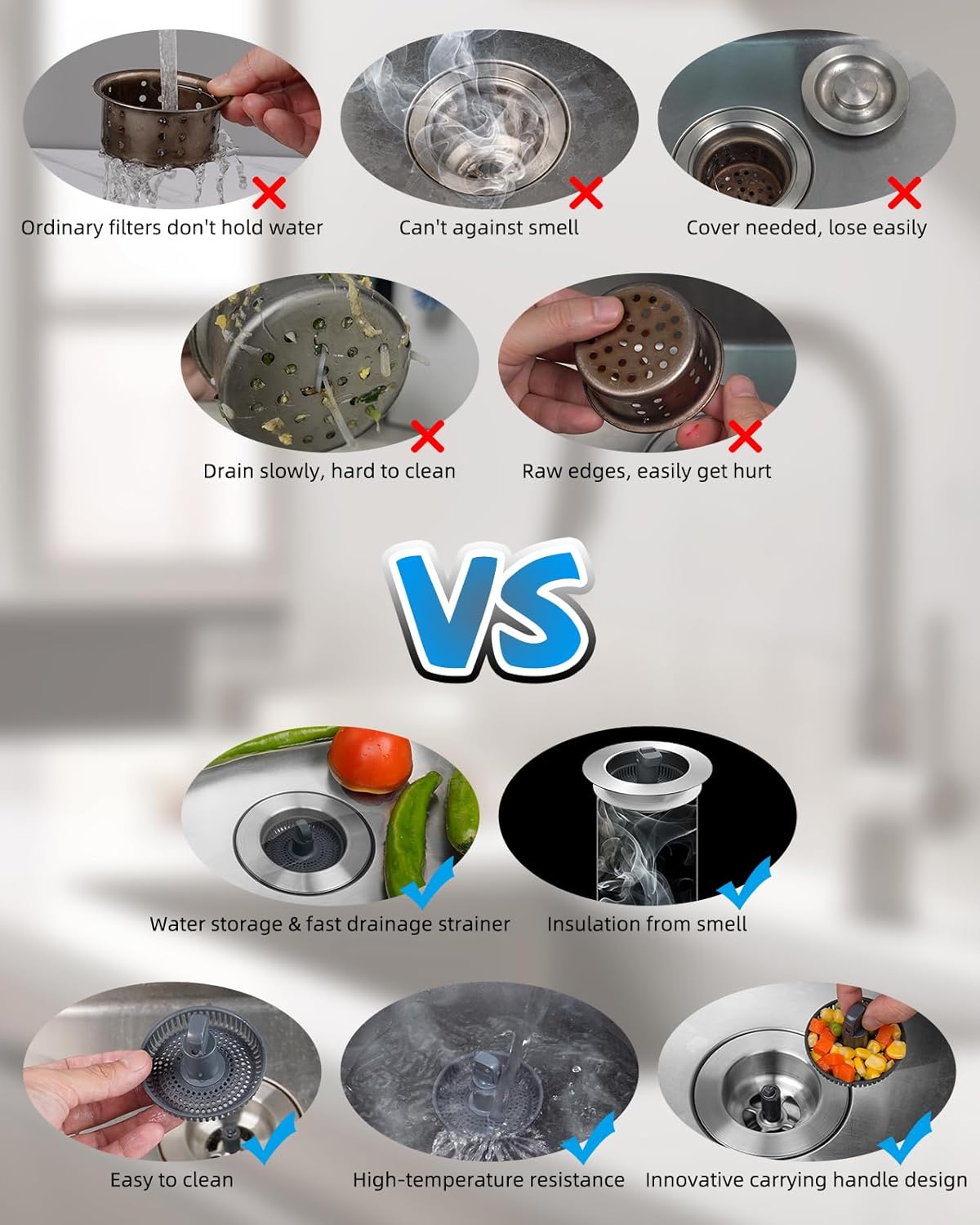 Upgraded 3 in 1 Kitchen Sink Drain Strainer and Stopper Combo, Stainless Steel Metal Pop Up Sink Stopper, Anti-Clogging Basket with Foldable Handle for US Standard 3-1/2 Inch Drain