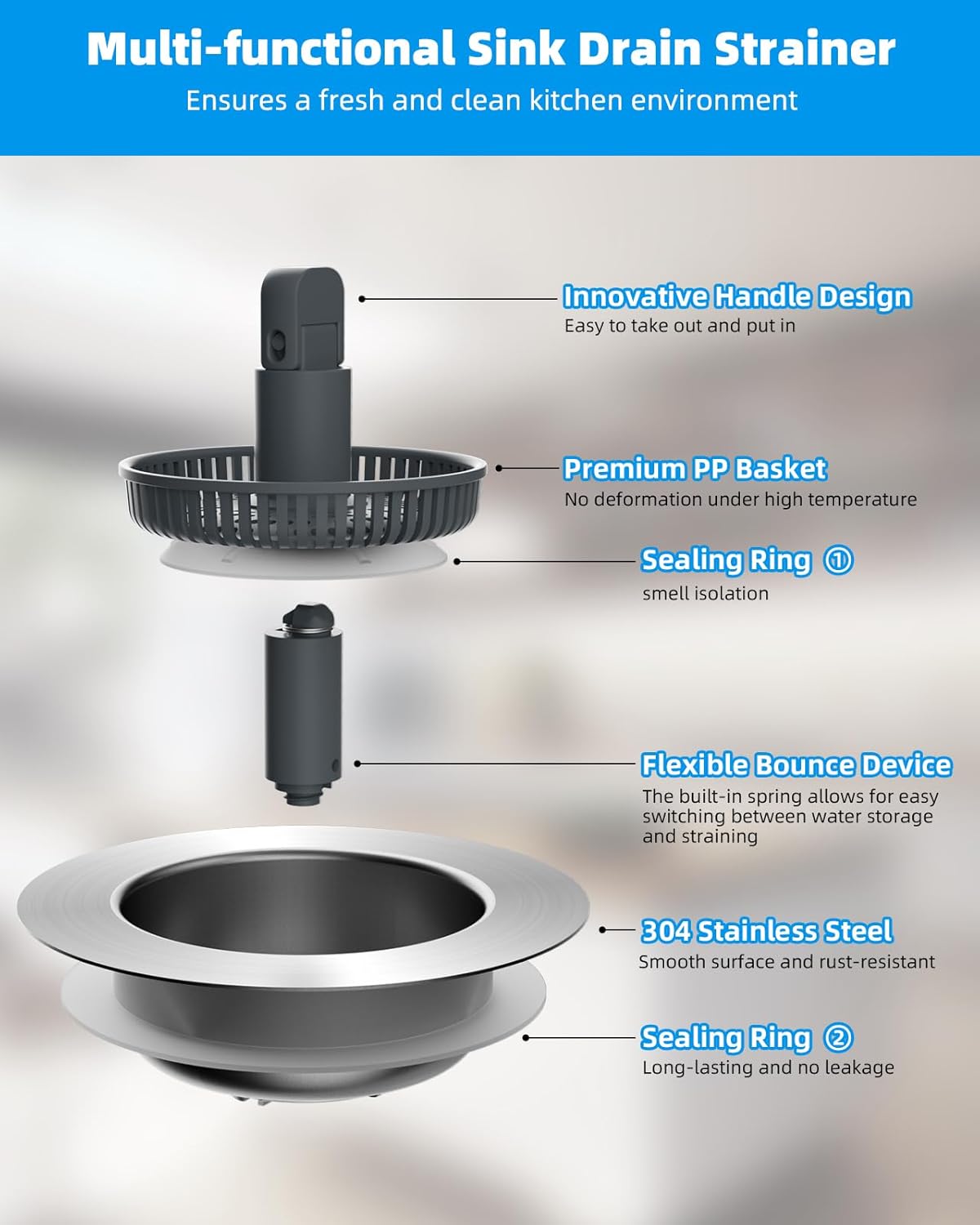 Upgraded 3 in 1 Kitchen Sink Drain Strainer and Stopper Combo, Stainless Steel Metal Pop Up Sink Stopper, Anti-Clogging Basket with Foldable Handle for US Standard 3-1/2 Inch Drain