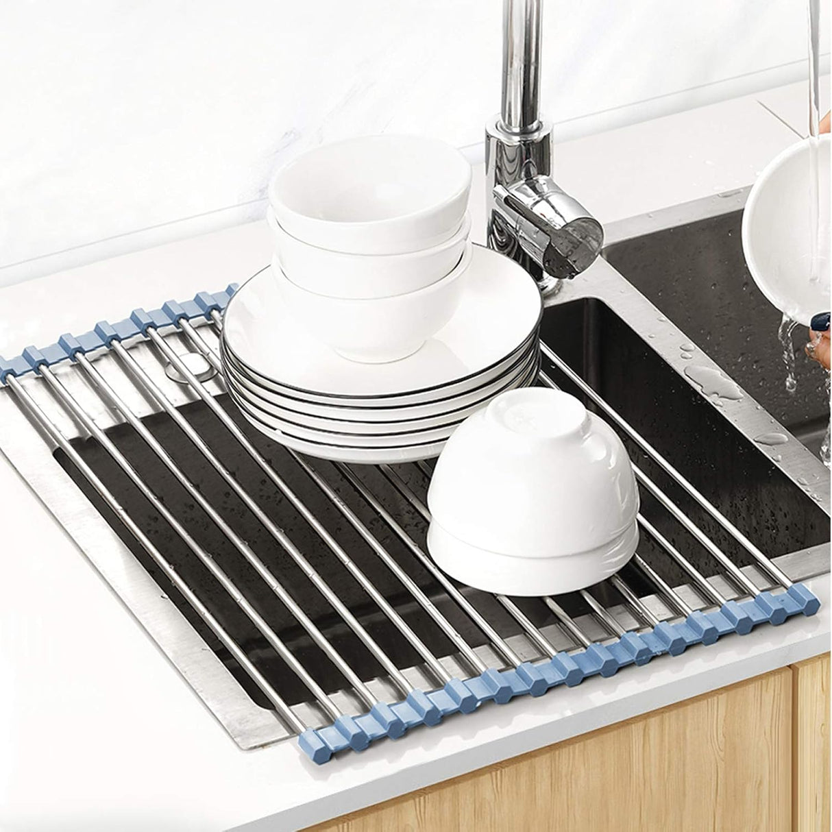 Over The Sink Dish Drying Rack, Roll Up Dish Drying Rack Kitchen Dish Rack Stainless Steel Sink Drying Rack, Foldable Dish Drainer, 17.5''x11.8''