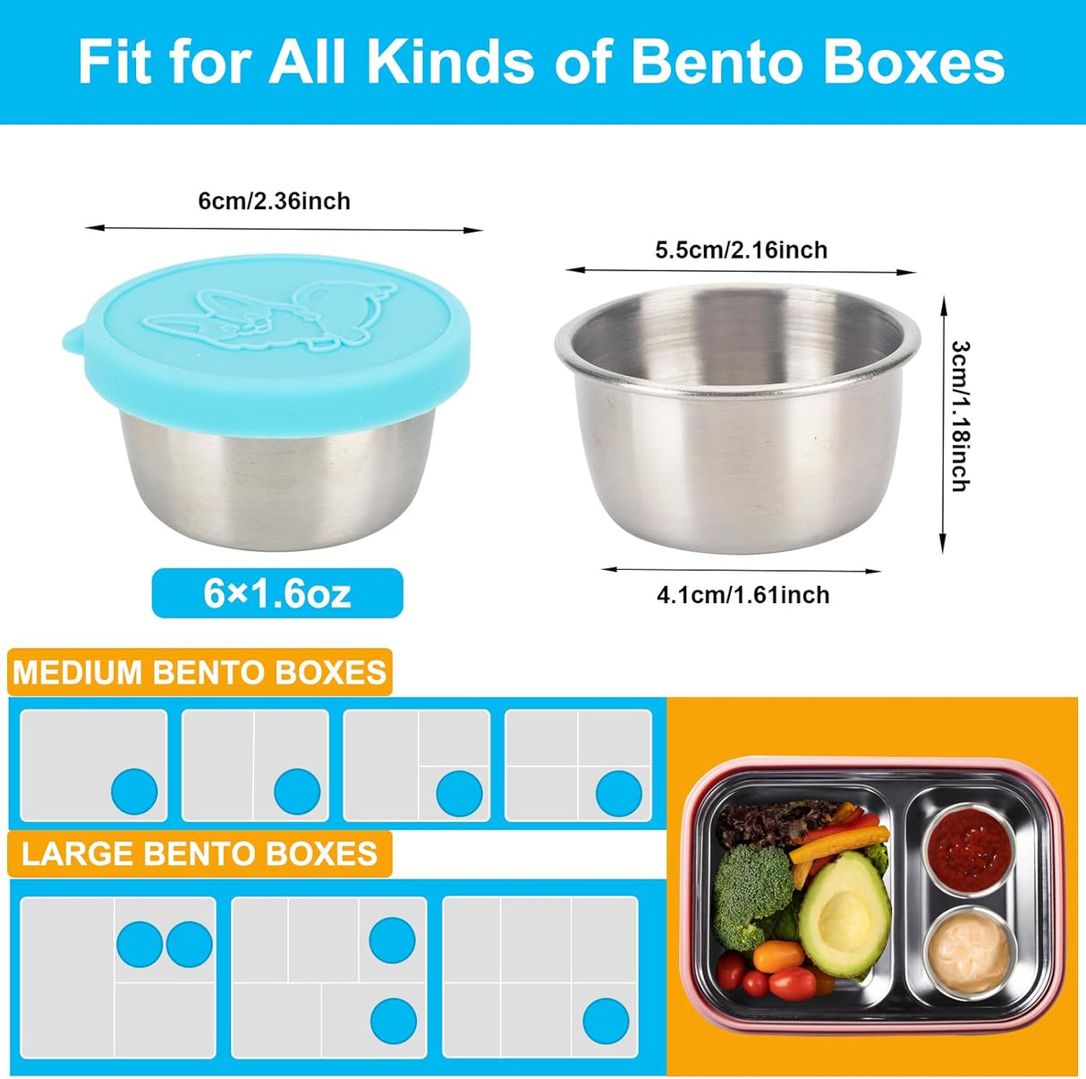 Salad Containers For Lunch To Go, 6x1.6 Oz Stainless Steel Condiment Containers With Lids, Leakproof Sauce Cups for Dipping, Salad Dressing, Meal Prep